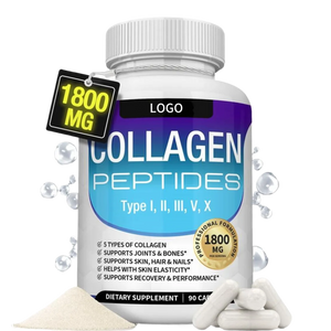 Collagen peptides capsule bottle showing Type I II III V X and 1800 MG per serving label