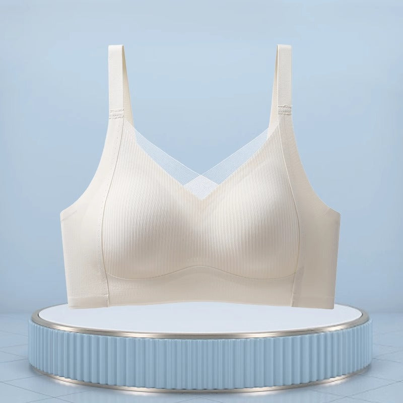 Khaki seamless wireless thin strap bra with back clasp front view detail