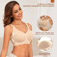 Smiling woman in a nude wireless bra with callouts on contoured cups, three quarter view
