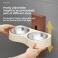 Wall mounted double pet bowl with two stainless steel bowls and a cat