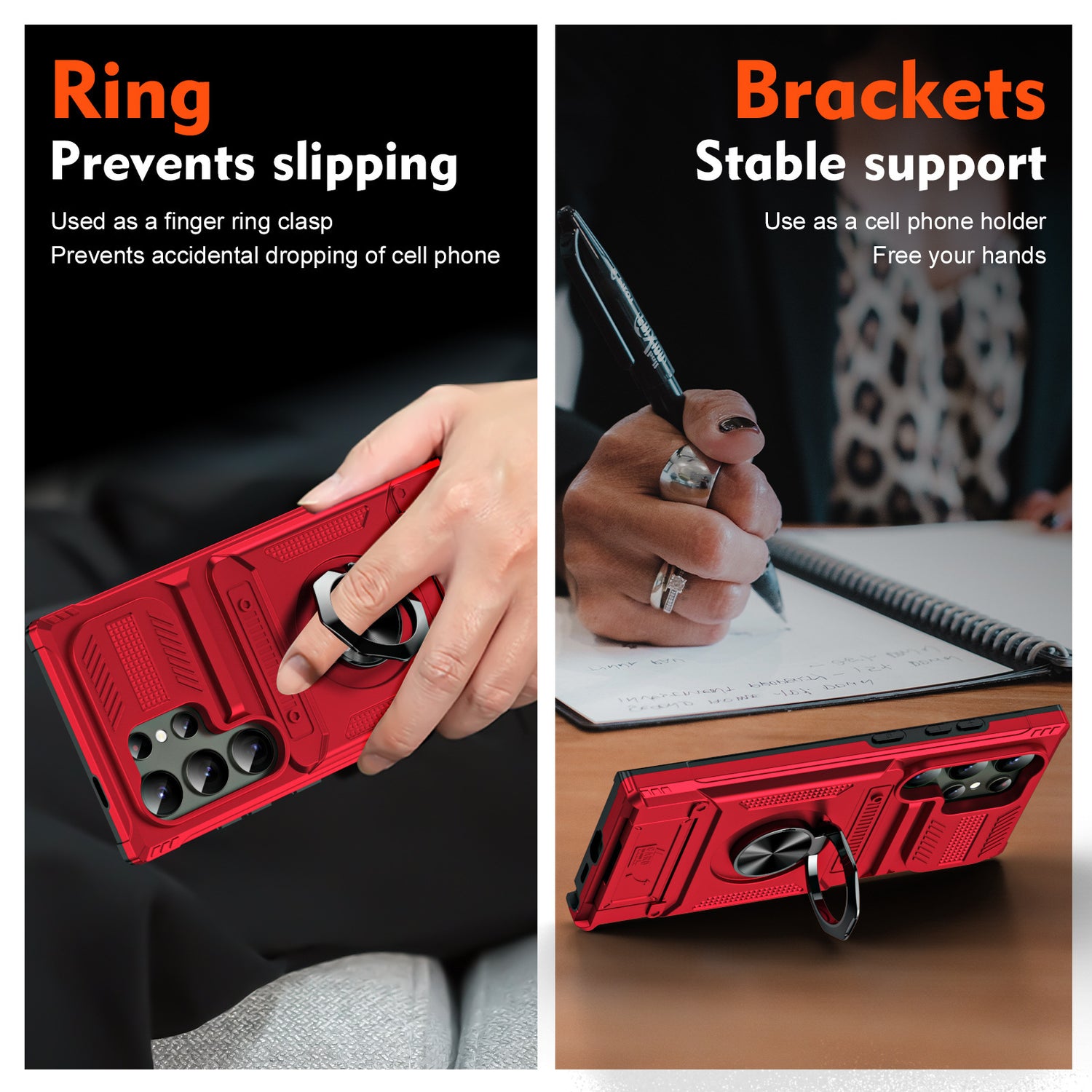 Maker panel showing the ring used as a finger loop and folded out as a table stand