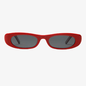 Red acetate slim oval sunglasses with grey polarized lenses, front view on white