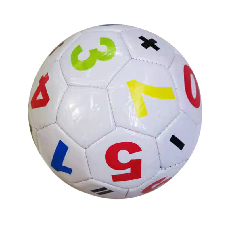 White childrens soccer ball printed with red green blue and yellow numbers and math signs
