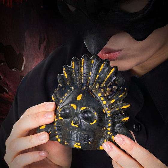 Aztec Style Ceramic Skull Death Whistle with Feather Headdress