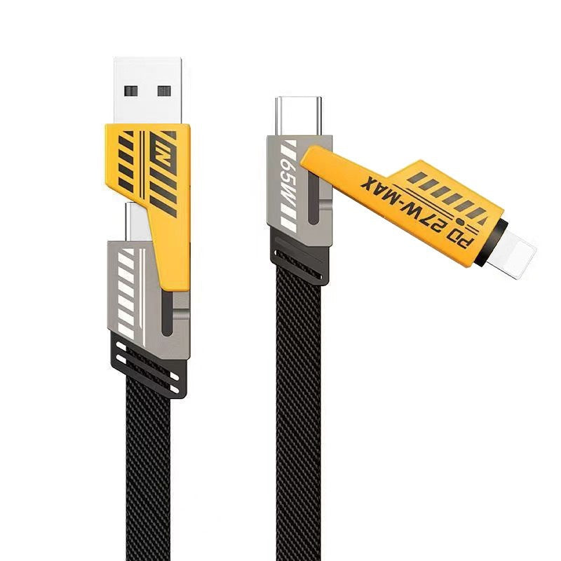 Braided charging cable coiled with the yellow connector shells in view