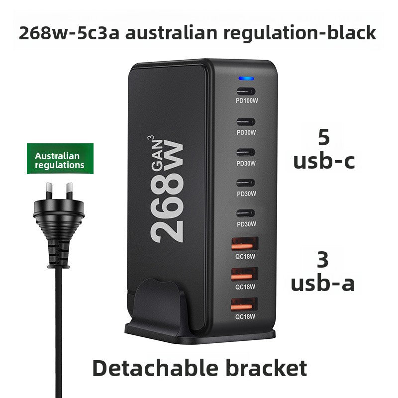 Angled view of the multi port GaN charging station showing the port labels and slim tower