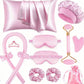 Pink 12 piece set with pillowcase, bonnet, curling rod, clip, eye masks, scrunchies, face roller, gua sha and pouch