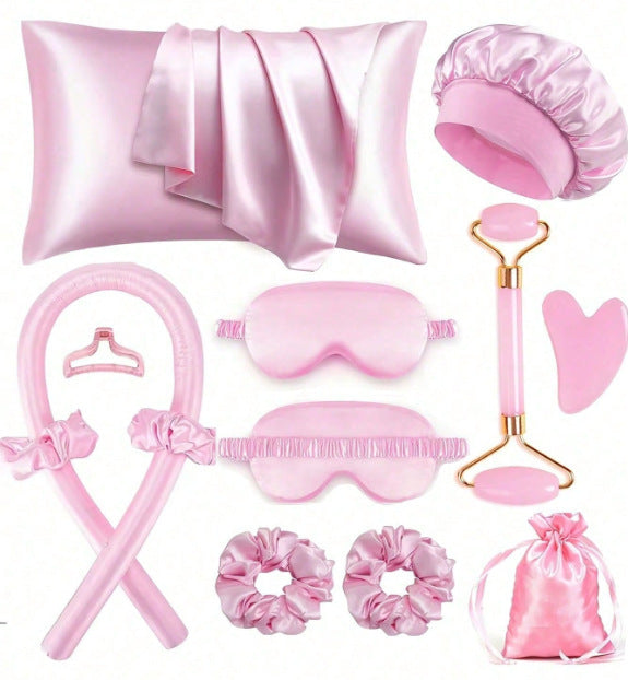Pink 12 piece set with pillowcase, bonnet, curling rod, clip, eye masks, scrunchies, face roller, gua sha and pouch