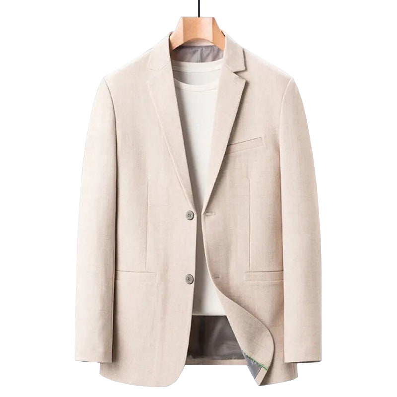 Mens slim fit linen blend blazer in coffee ash, front view on hanger