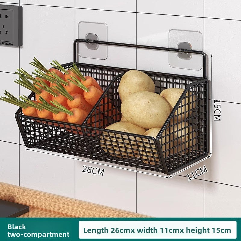 Wall mounted carbon steel wire mesh kitchen storage basket, side view of the carbon steel wire frame