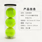 Can of three yellow green padel balls beside a Chinese product information panel listing size, weight and bounce