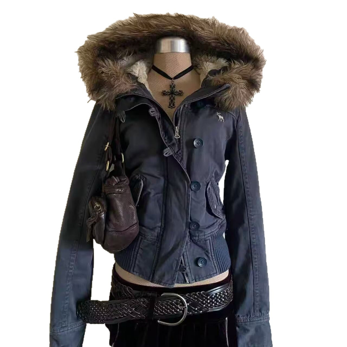 Navy blue jacket with a fur trimmed hood, button front, zip and a small animal logo on the chest on a mannequin