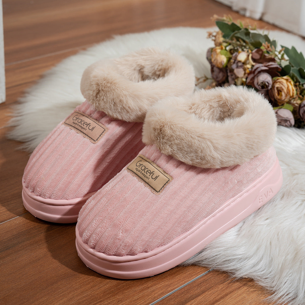 Cozy slip on winter slipper with soft suede look upper and fluffy faux fur trim