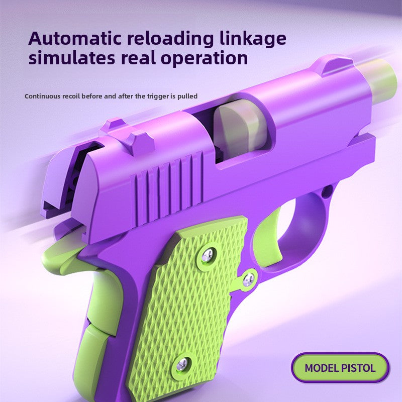 Purple model pistol fidget shown with its slide travelling back along the moulded frame