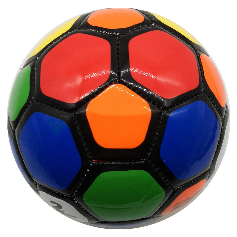 Colorful rainbow panel Size 2 childrens soccer ball with black pentagons and no number print