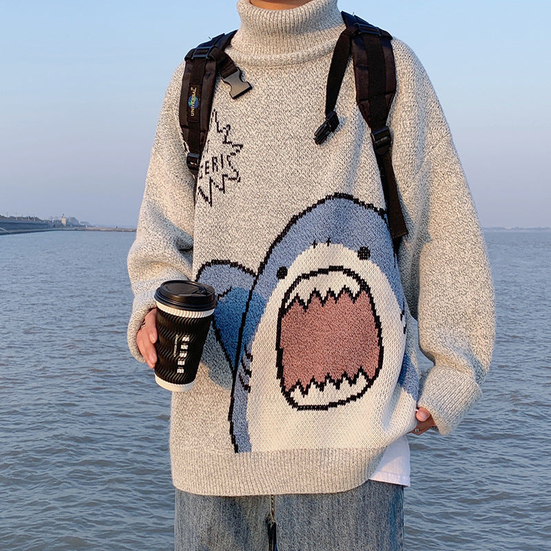 Light gray knitted shark turtleneck sweater against a seaside backdrop, size XL option