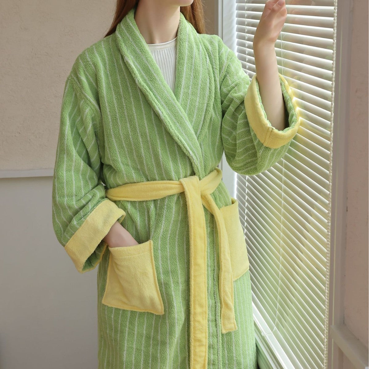 Pink and white striped cotton terry bathrobe with yellow trim, belt and front patch pockets