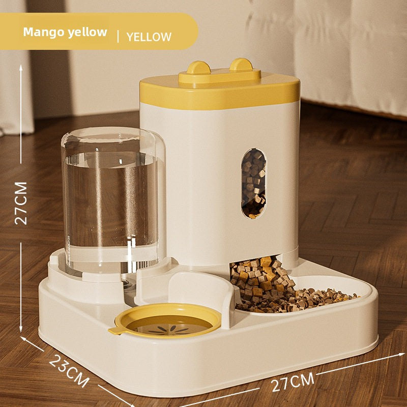 Detached parts of the pet feeder showing hopper, water bottle, and twin bowl base for cleaning