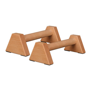 Pair of four sided beech push up bars on white, turned dowel grip between blocks