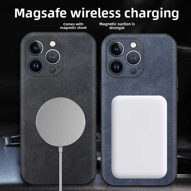 Back of the leather dragon iPhone case, matte sheepskin finish with the magnetic ring at the center