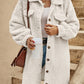 Womens plush fleece button front long coat in khaki, full length front view