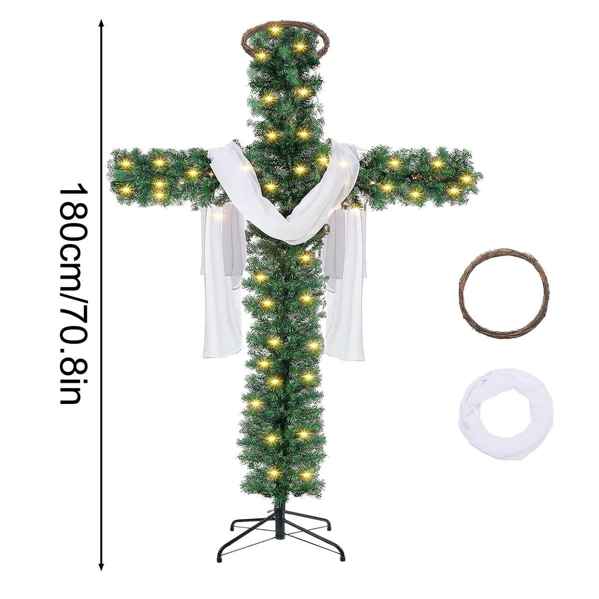 Cross shaped Christmas tree on a white background with a 180cm, 70.8in height marking, 180cm option