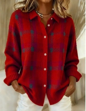 Red option photo of a red knit cardigan with a subtle dark plaid check, shirt collar, size 4XL