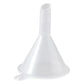 Single translucent polypropylene mini funnel with a tab handle on a white background