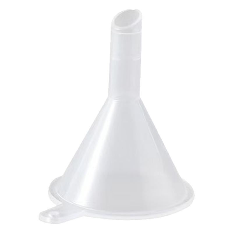 Single translucent polypropylene mini funnel with a tab handle on a white background