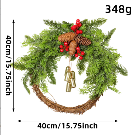Larger Christmas wreath on a white background measuring 40 cm, with a 348 g weight label, H2-19 30 bottom ring option