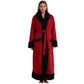 Woman wearing a long red flannel bathrobe with black shawl collar, black cuffs, pockets and hem, red variant