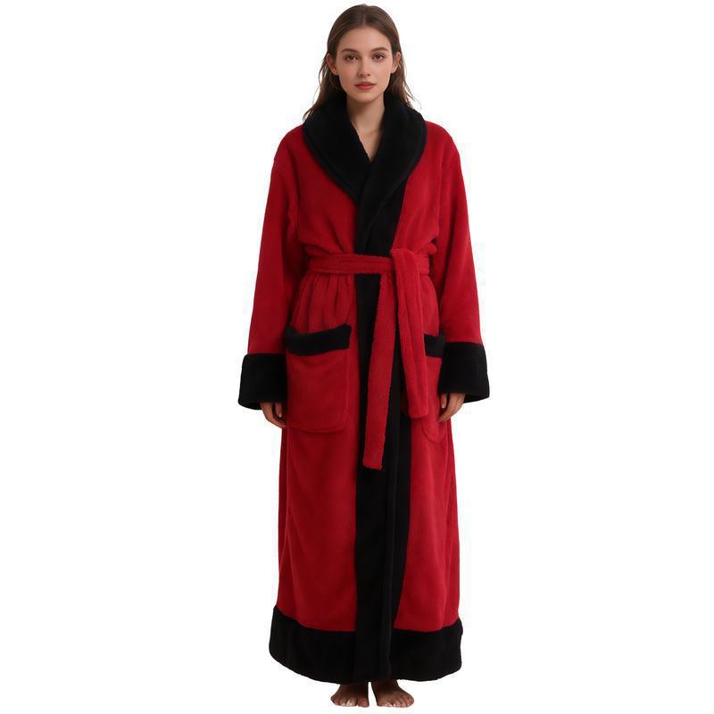 Woman wearing a long red flannel bathrobe with black shawl collar, black cuffs, pockets and hem, red variant