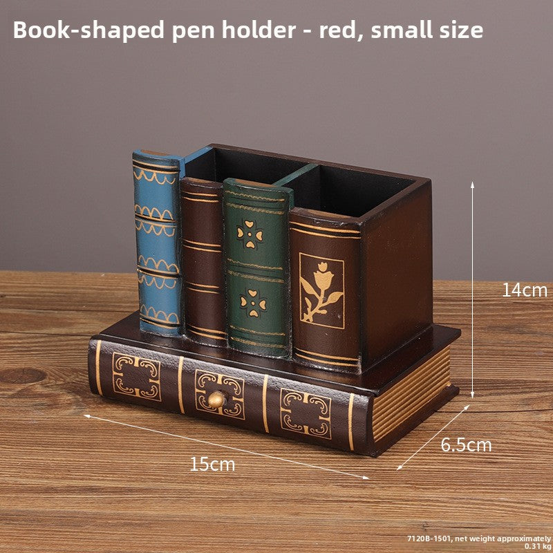 Red small size book-shaped pen holder with four colored book spines and a drawer, 15 by 6.5 by 14 cm