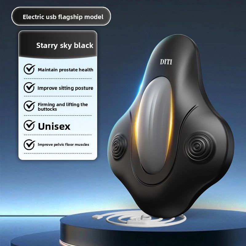 Angled view of the black contoured pelvic floor trainer pad with two side vibration points