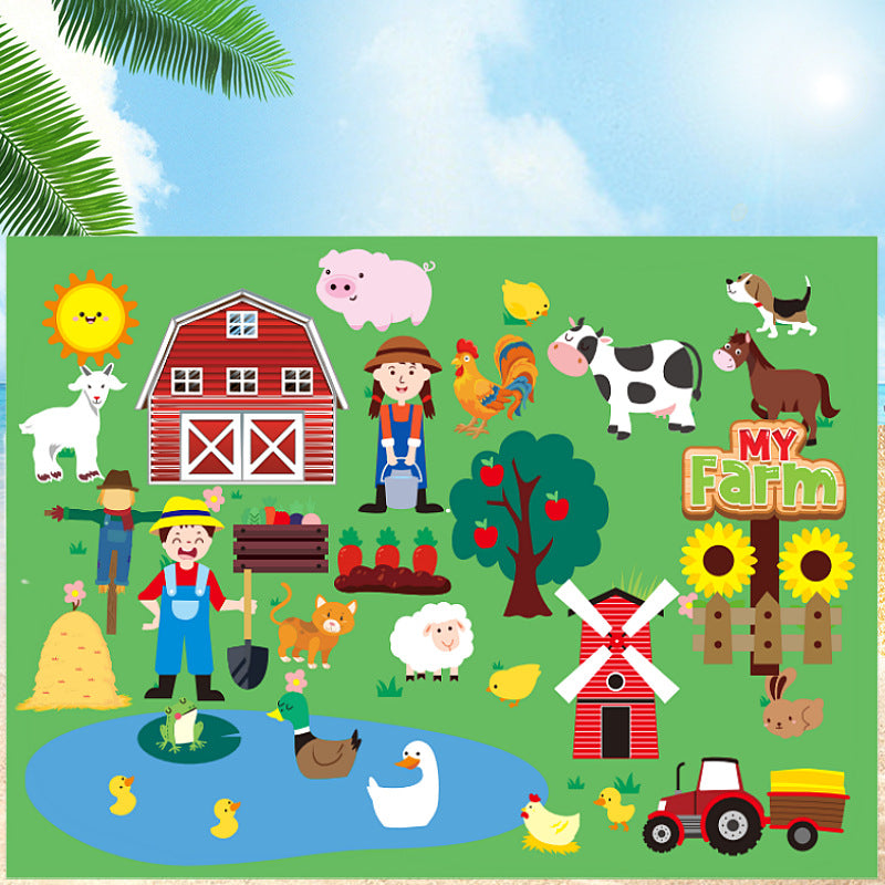 My Farm felt story board with felt barn, farmer and farm animal pieces in a bright lifestyle scene