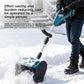 Person pushing the cordless snow blower along a snowy path, throwing snow aside