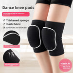 Dance knee pads infographic showing thickened sponge, elastic fabric and a black pad worn on the knee
