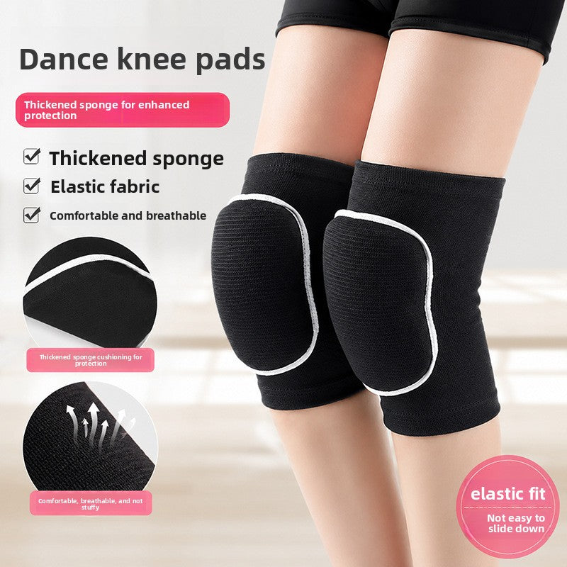 Dance knee pads infographic showing thickened sponge, elastic fabric and a black pad worn on the knee