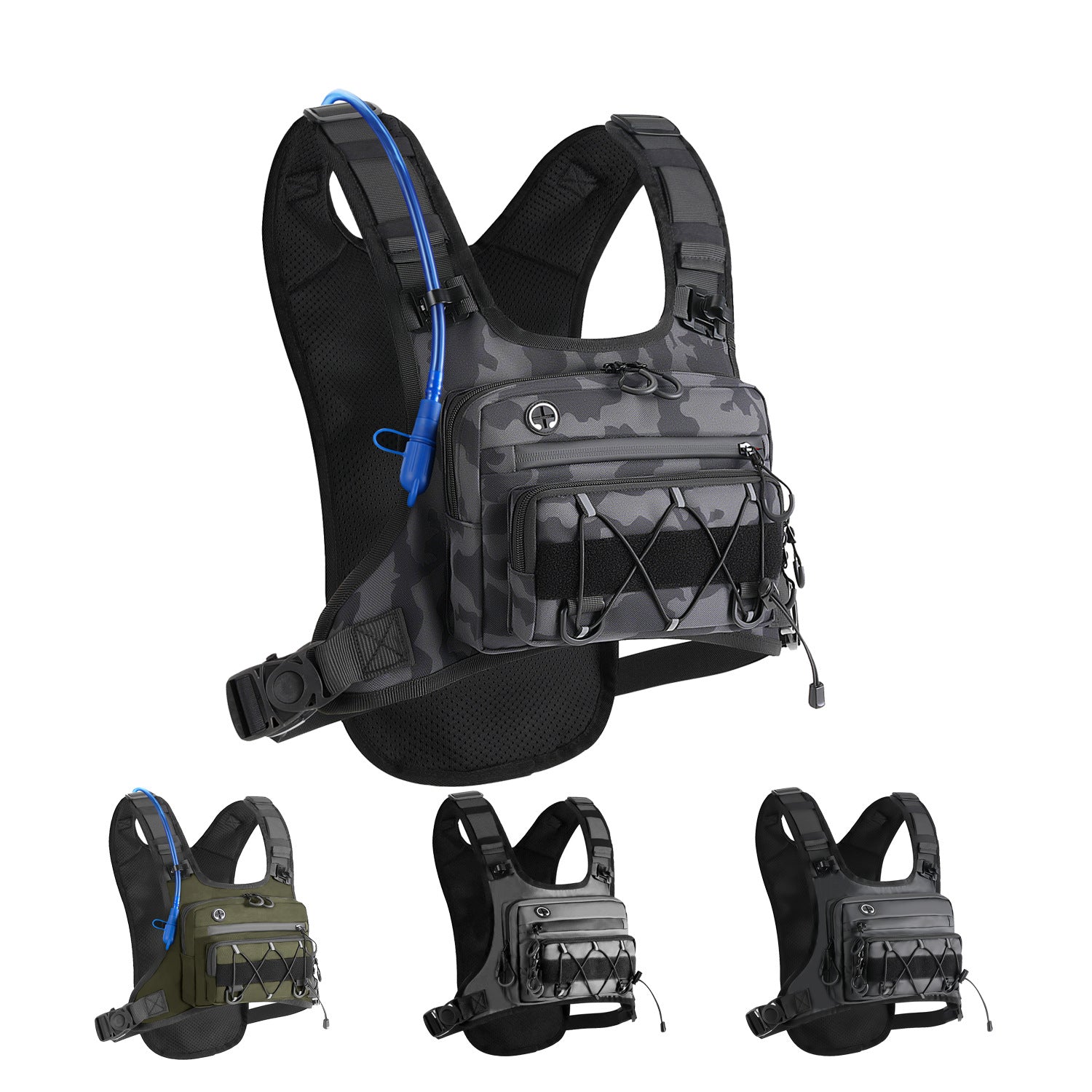 Tactical hydration chest pack shown as a chest worn harness with a mesh back and front pocket
