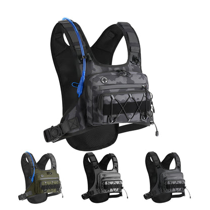 Tactical hydration chest pack shown as a chest worn harness with a mesh back and front pocket