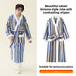 Sky blue striped fleece robe on a model, next to the robe laid flat with its belt tied
