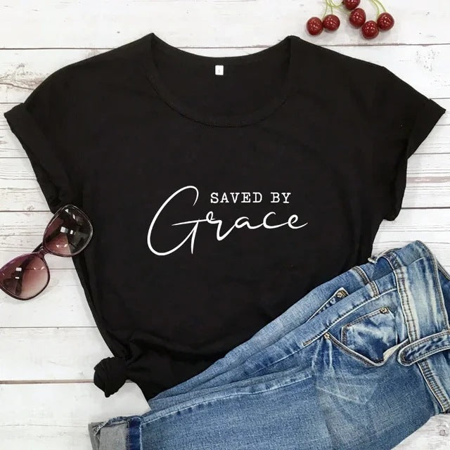 Front view of a soft cotton Saved by Grace tee with round neck and short sleeves