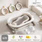 Baby bathtub with mesh bath rack, floating mat and three washbasins hung on the wall