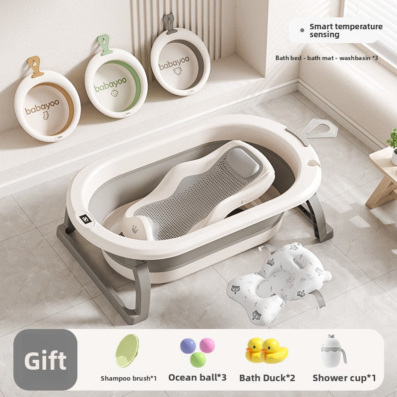 Baby bathtub with mesh bath rack, floating mat and three washbasins hung on the wall