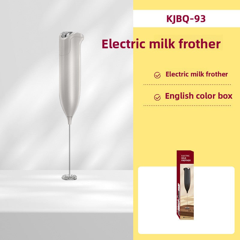 White KJBQ-93 battery milk frother with a slim curved handle, spring whisk and color box