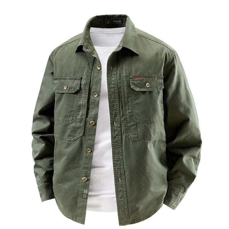 Men's military green cotton shirt jacket with flap chest pockets, front view, size 3XL option
