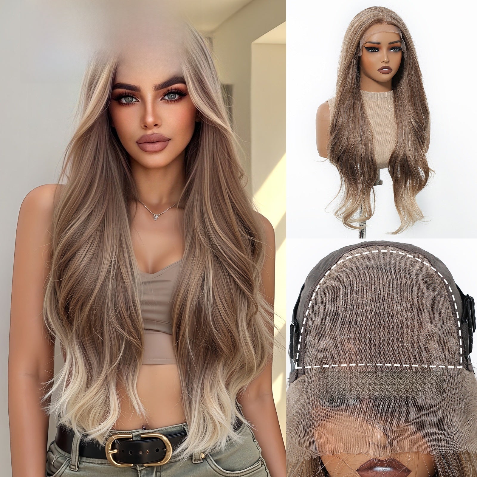 Shade code 1120-5, rooted ombre wig melting from ash brown roots into pale blonde wavy ends