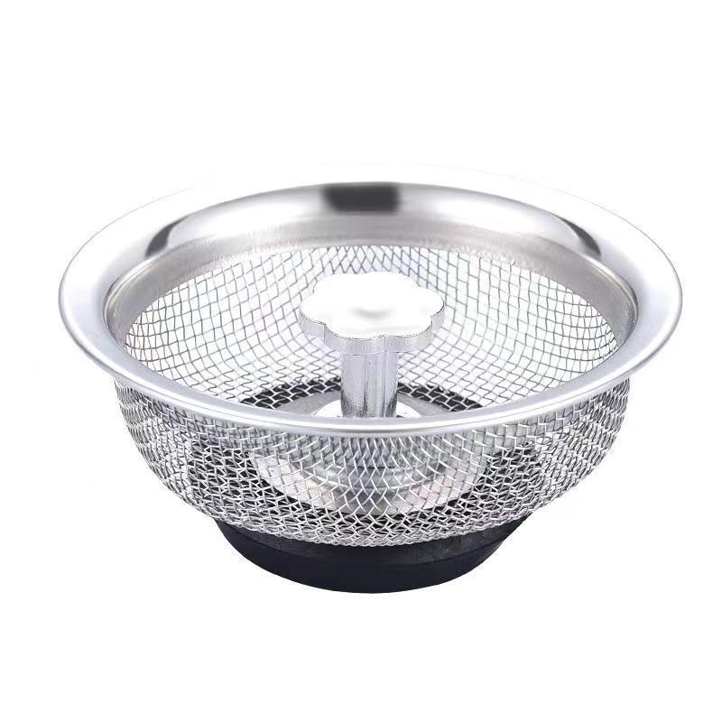 Woven stainless steel sink drain strainer with plum blossom knob and black rubber base