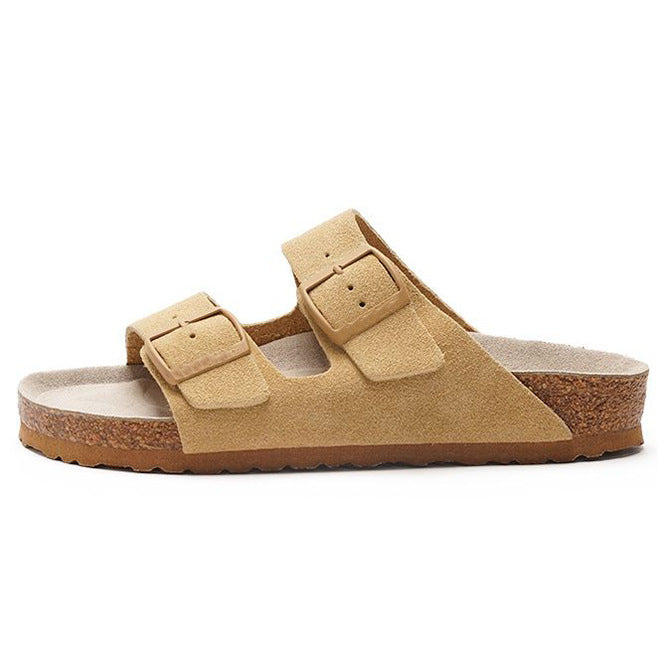 buckle detail on a wine red two strap cork footbed sandal