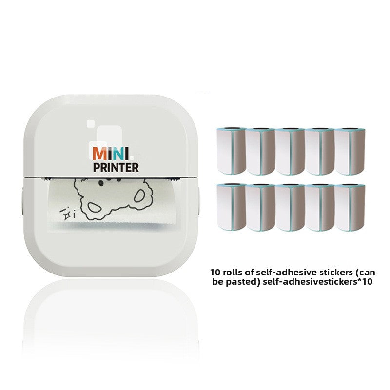 White mini thermal printer shown with thermal paper and self adhesive label rolls